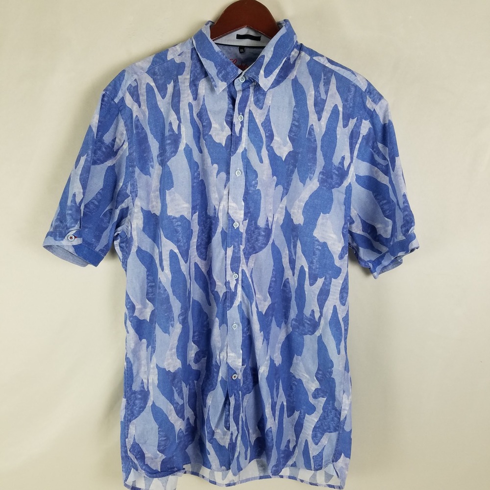 Luciano Visconti‎ Mens XXL Blue Camo Print Short Sleeve Button Up Shirt Cotton
